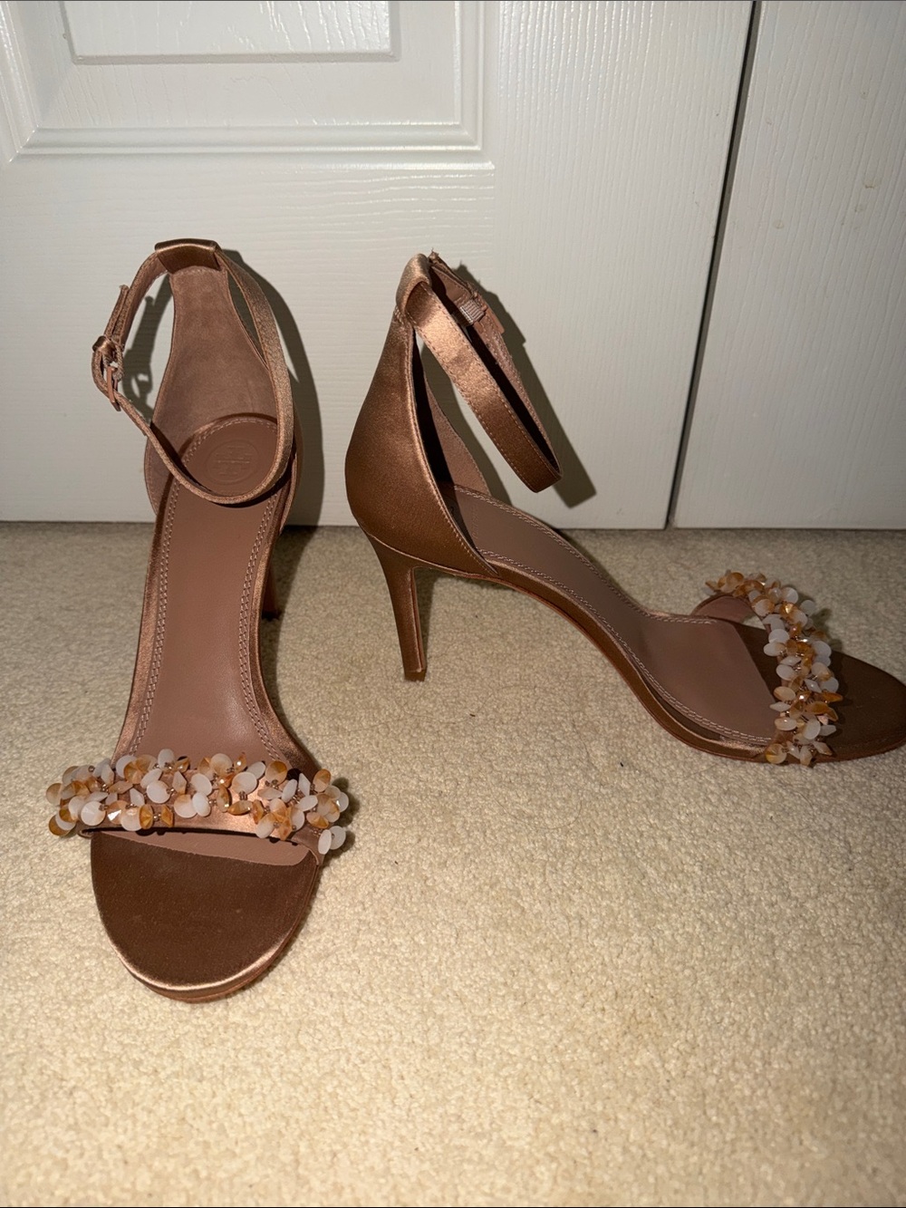 Tory Burch Ankle-Strap Evening Sandals in Taupe with Bead Accent